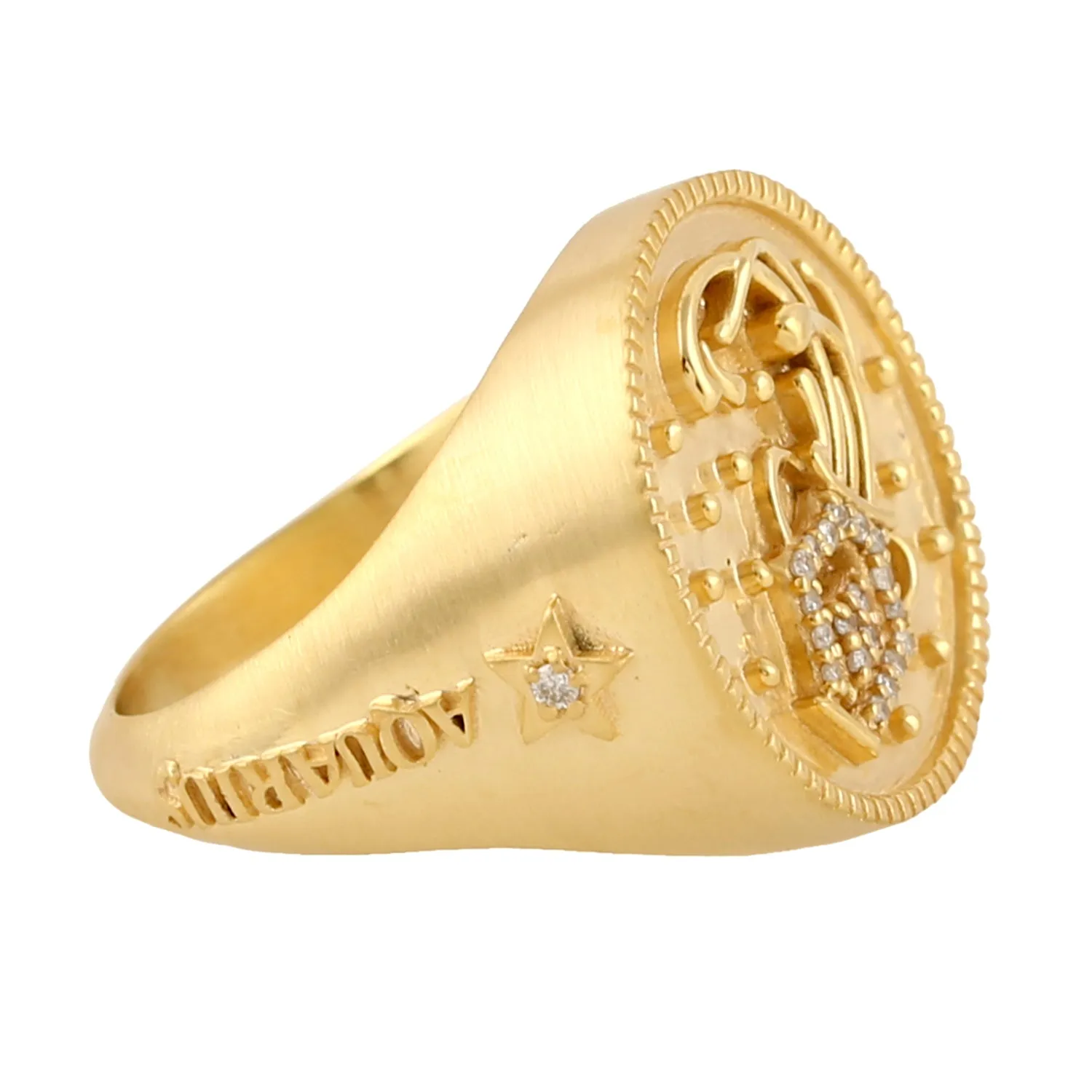 14k Yellow Gold Aquarius Zodiac Sign Birth Month Cocktail Ring With Studded Diamond