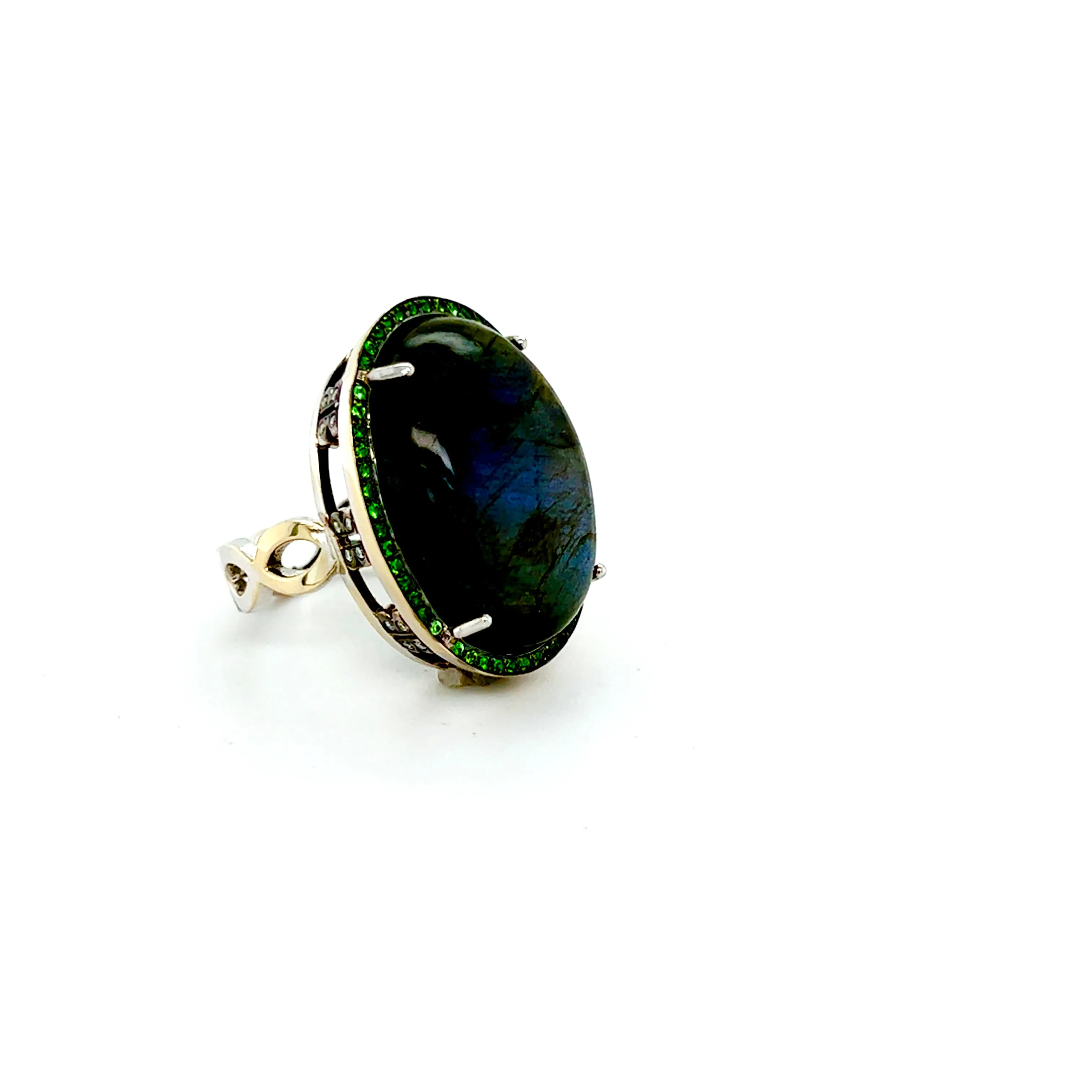 18kt White Gold Blue Kyanite   Green Tsavorite Cocktail Ring