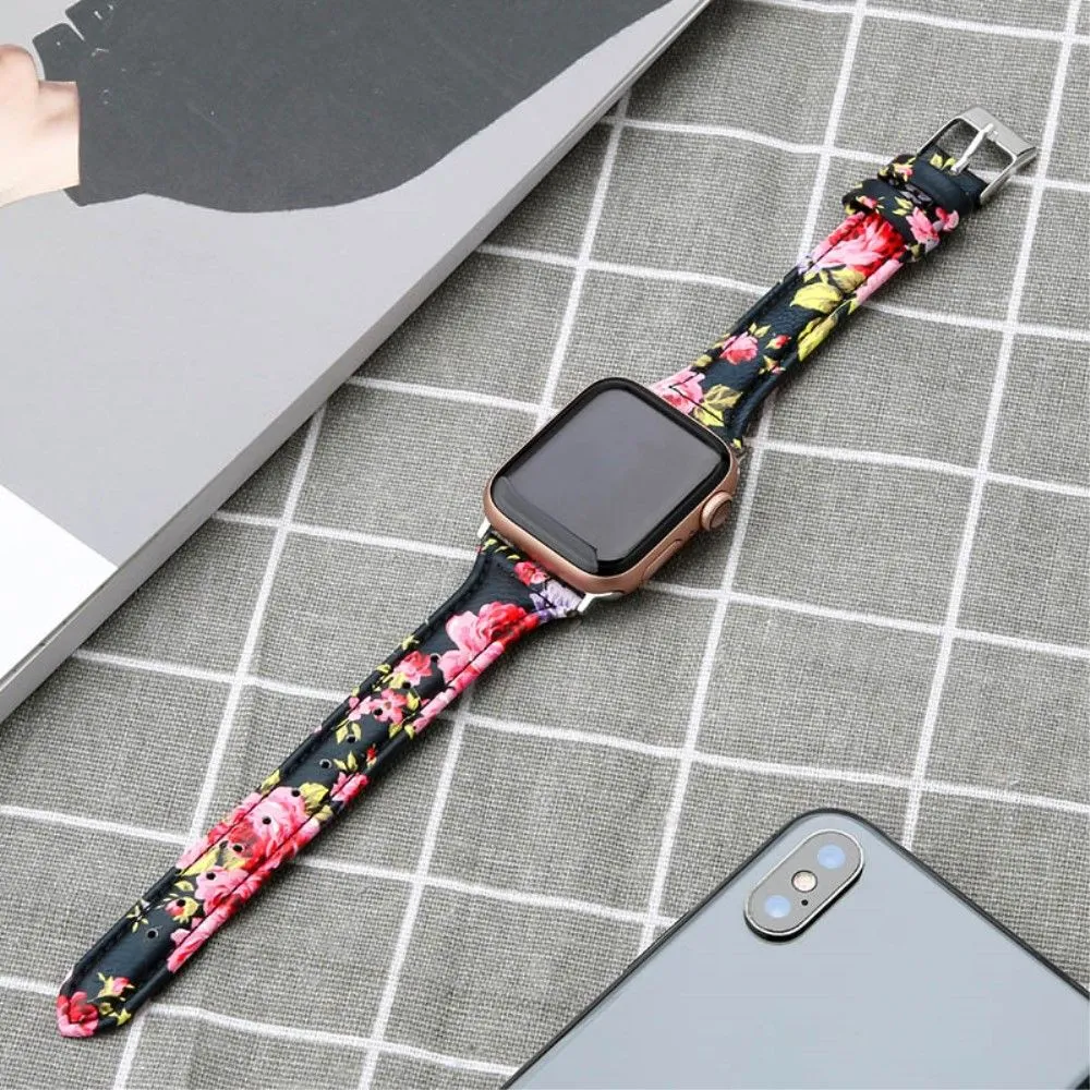 Apple Watch (45mm) B6 genuine leather watch strap - Pink Flower / Size: L