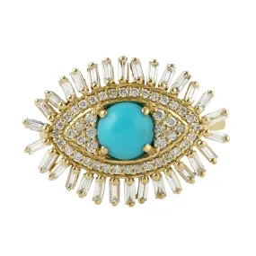 Baguette Diamond Turquoise Evil Eye Ring In 18k Yellow Gold For Gift Jewelry