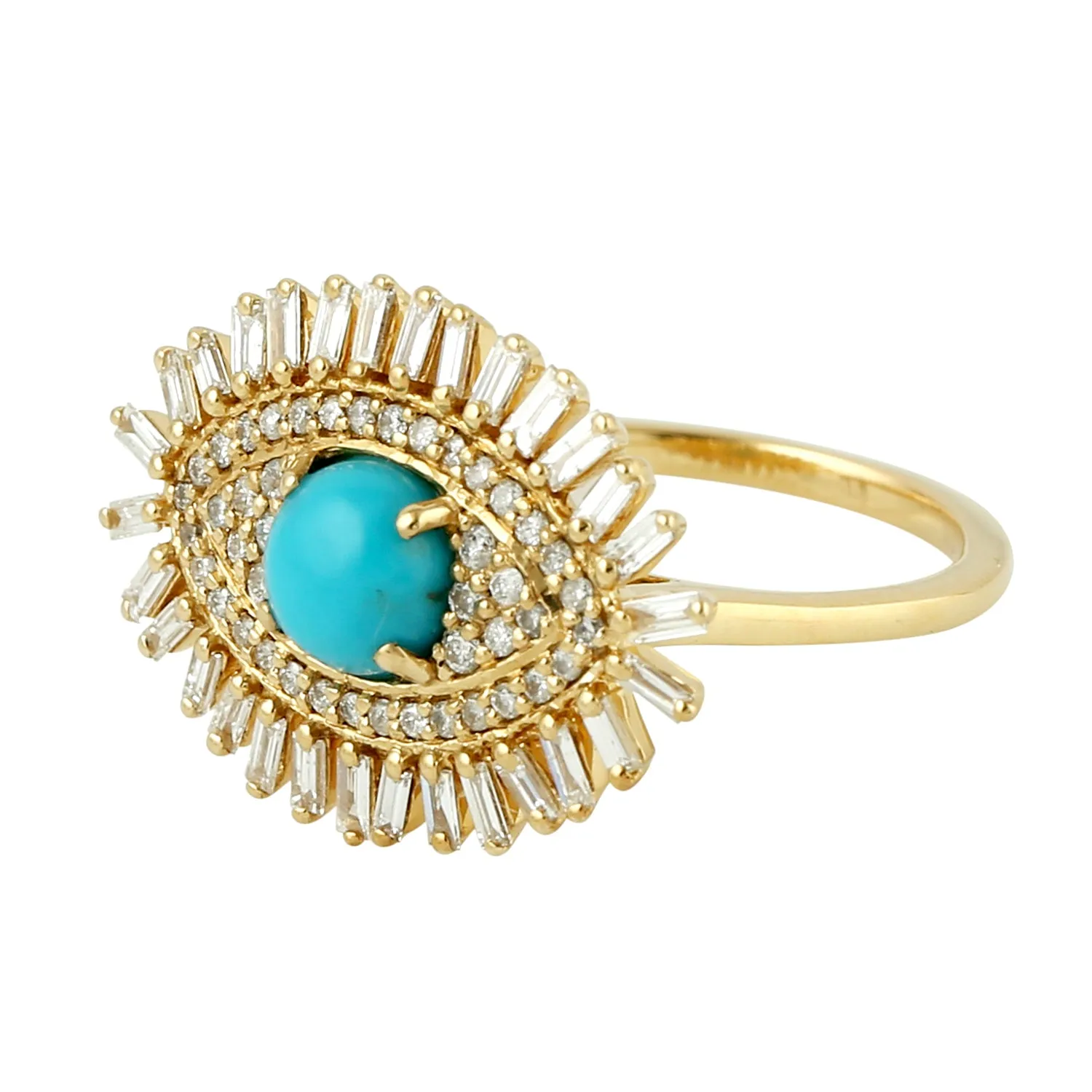 Baguette Diamond Turquoise Evil Eye Ring In 18k Yellow Gold For Gift Jewelry
