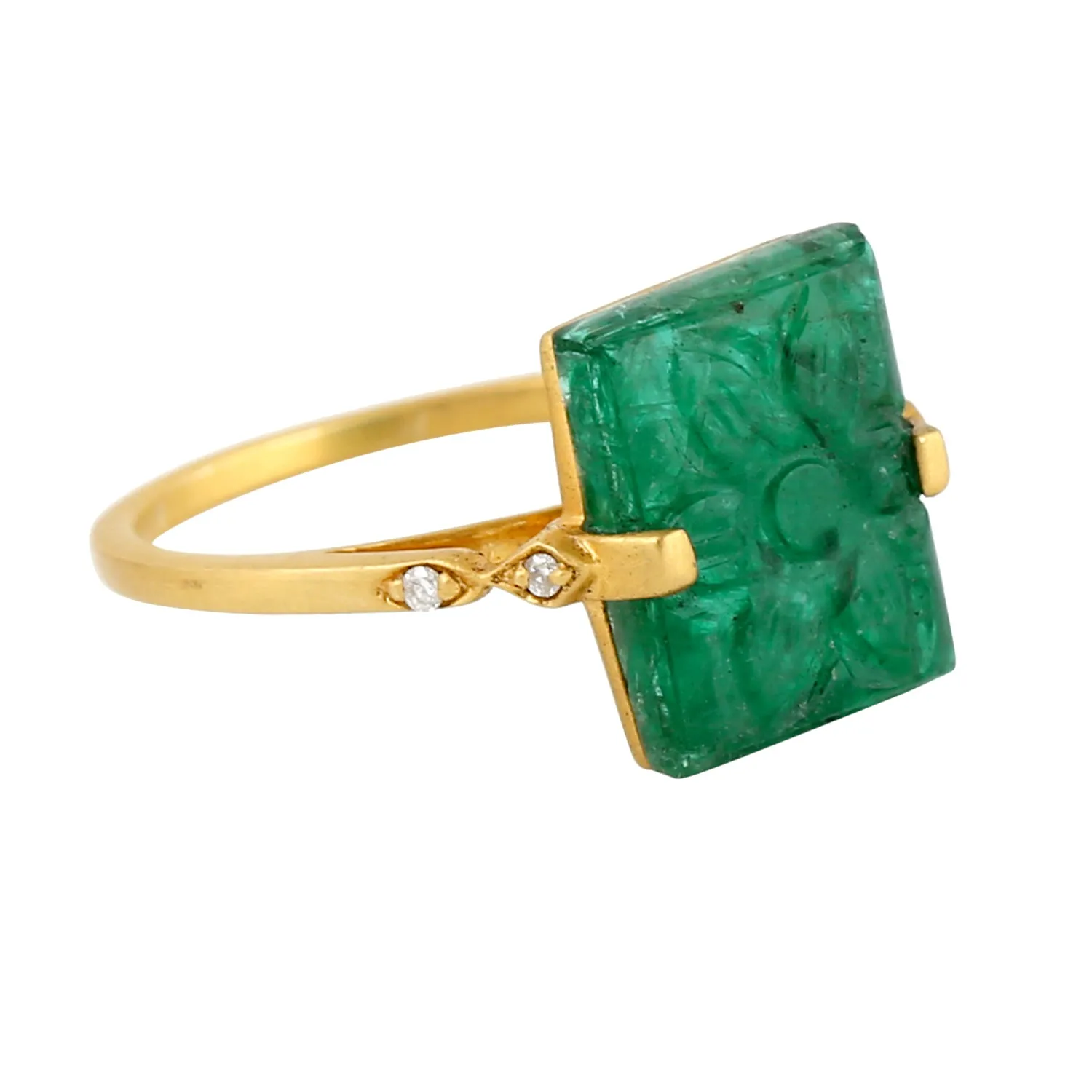 Carved Emerald Diamond Beautiful Ring in 18k Solid Yellow Gold For Her