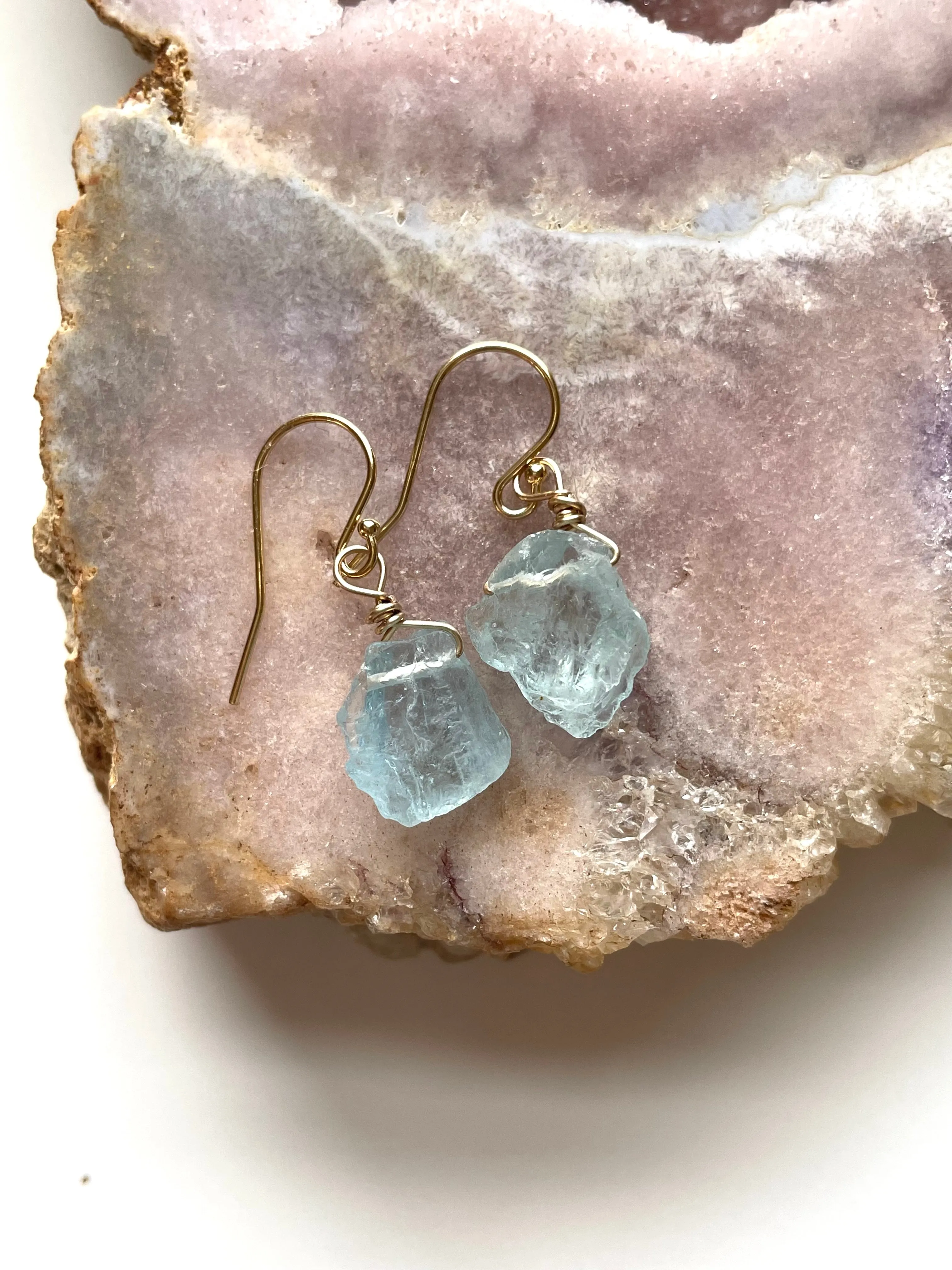 Dainty Raw Natural Aquamarine Earrings Gold Filled or Sterling Silver