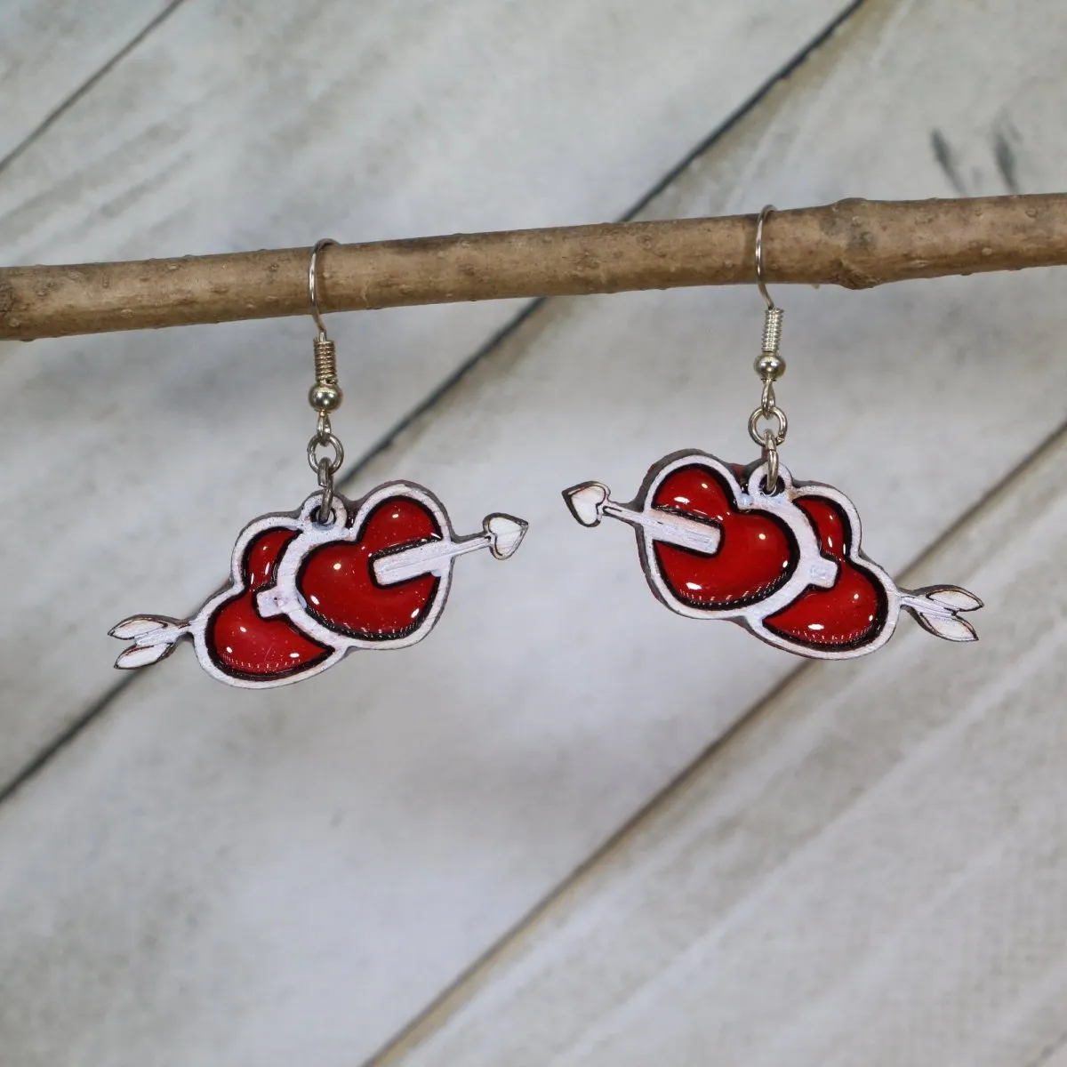 Double Heart Arrow Wooden Dangle Earrings by Cate's Concepts, LLC