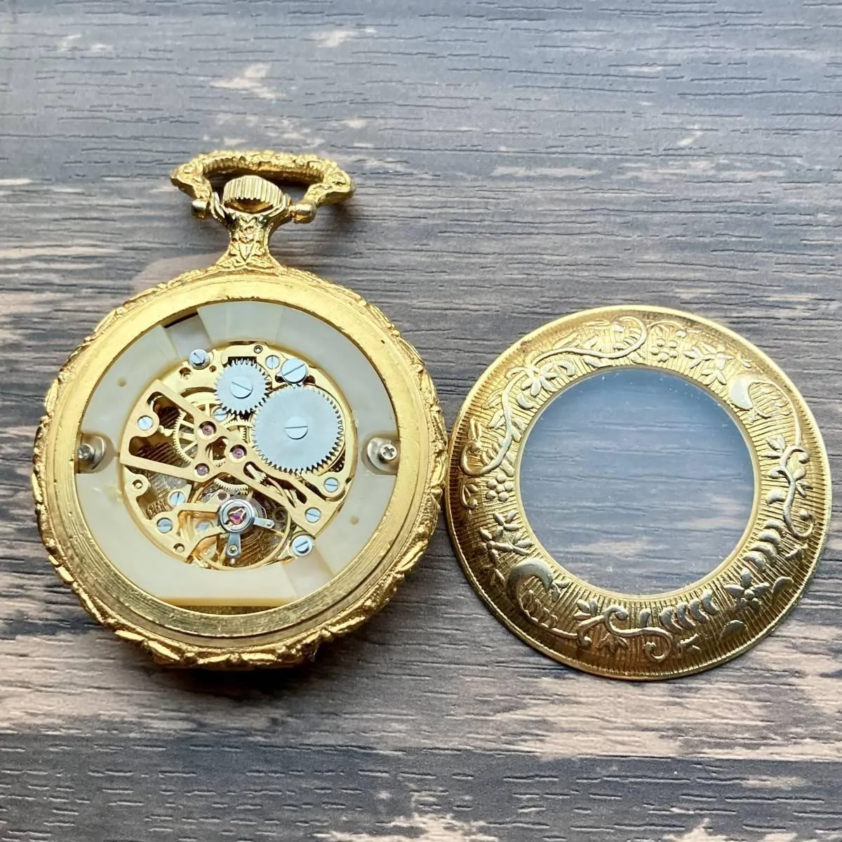 Mumei Pocket Watch Skeleton Hunter Case Antique 45mm Gold