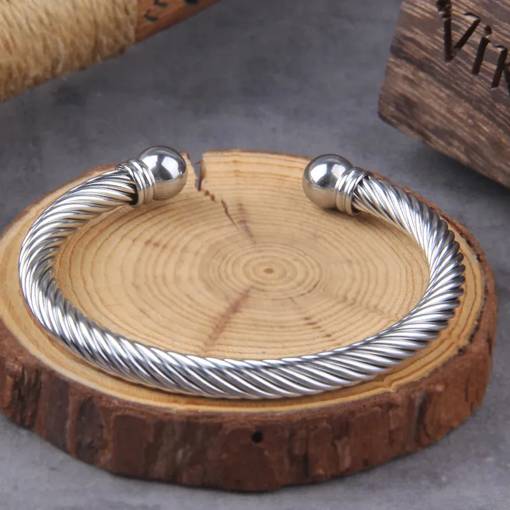 Stainless Steel Twisted Cable Wire Bracelets C-Shaped Adjustable Cuff Viking Bangle Bracelet