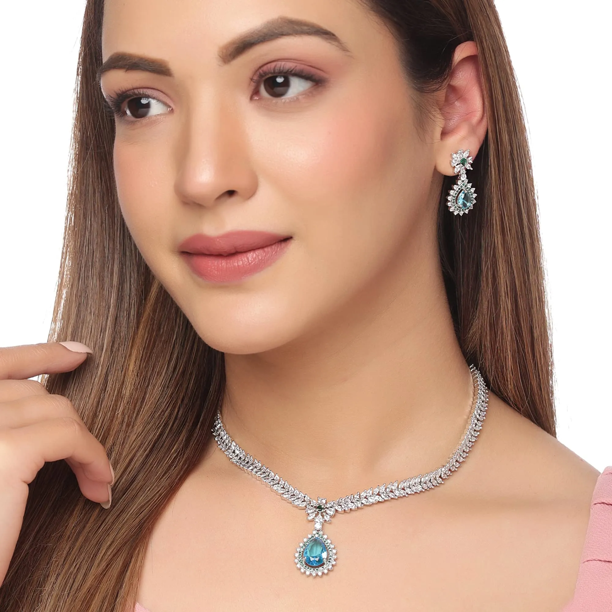 Yellow Chimes Jewellery Set for Women and Girls American Diamond Jewellery Set |Silver Tone Blue Crystal Drop AD Long Necklace Set | Birthday Gift for girls and women Anniversary Gift for Wife